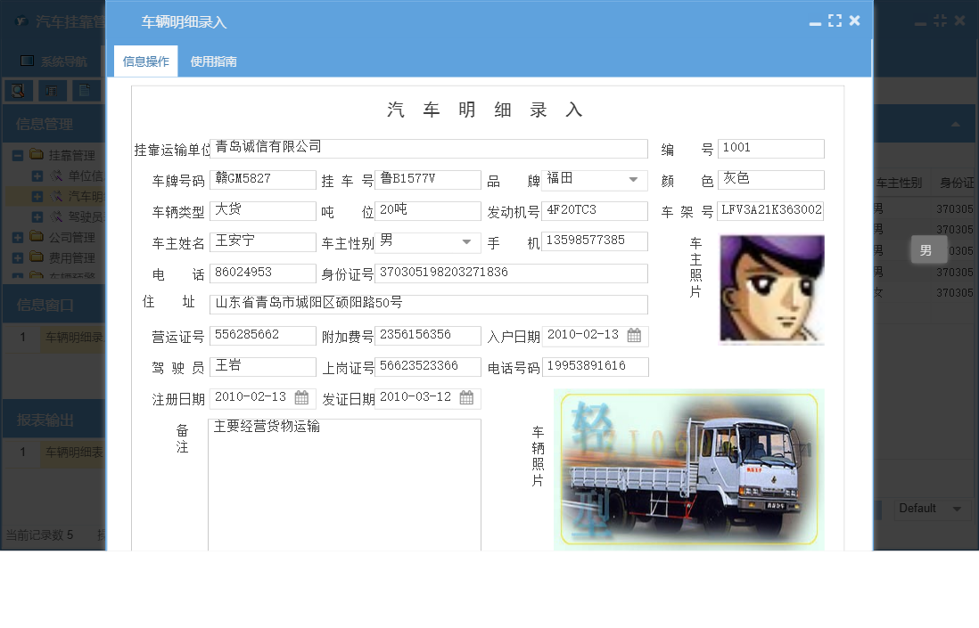 车辆明细录入信息窗口