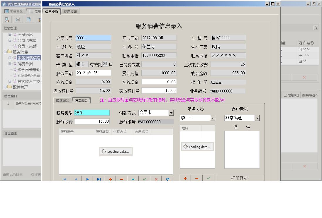 服务消费信息录入信息窗口