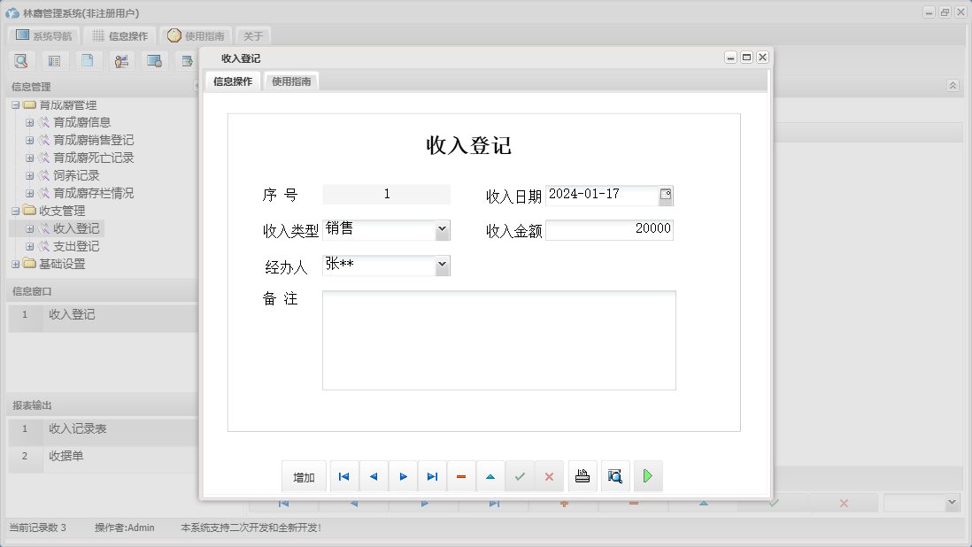 收入登记信息窗口