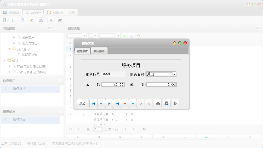 服务类别信息窗口