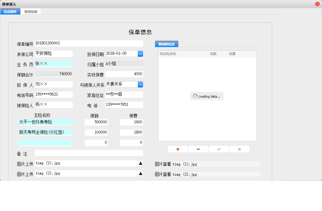 保单录入信息窗口