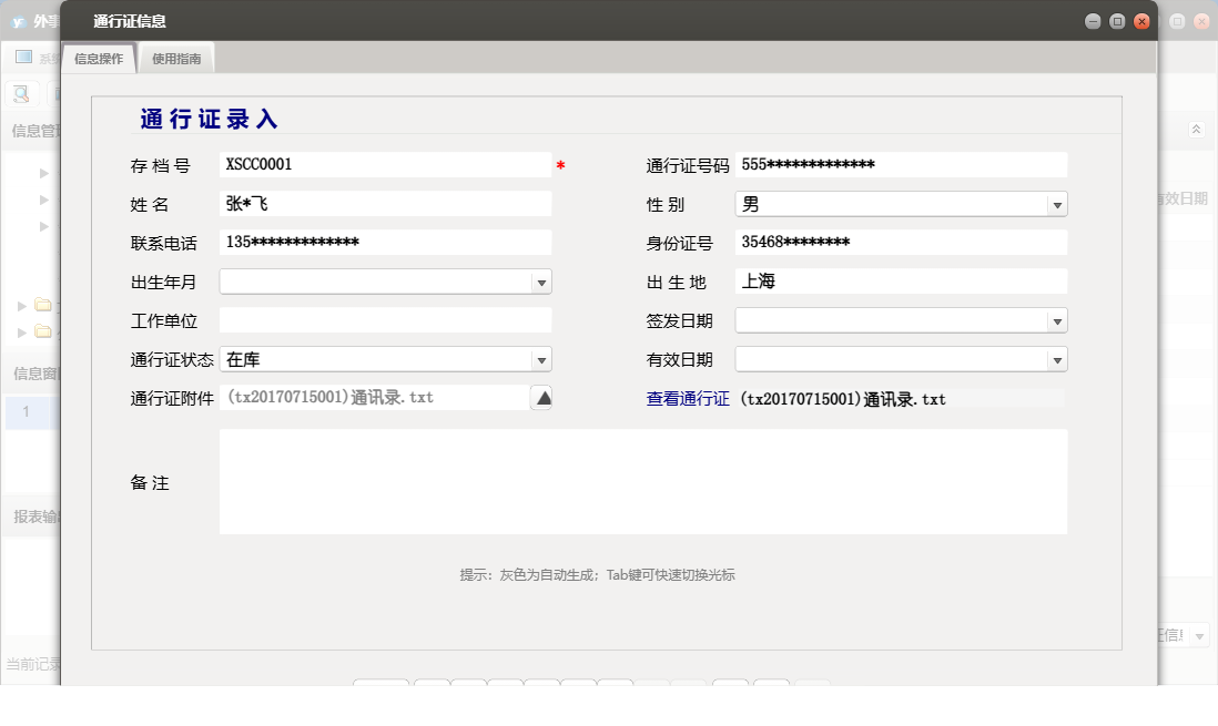 通行证信息信息窗口