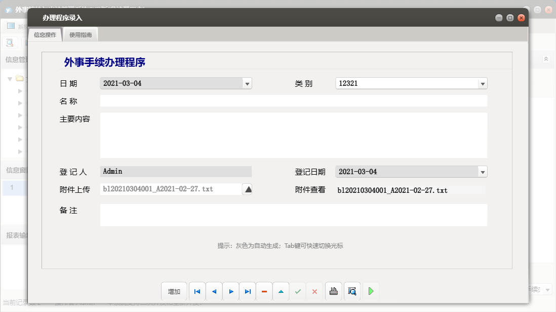 办理程序录入信息窗口