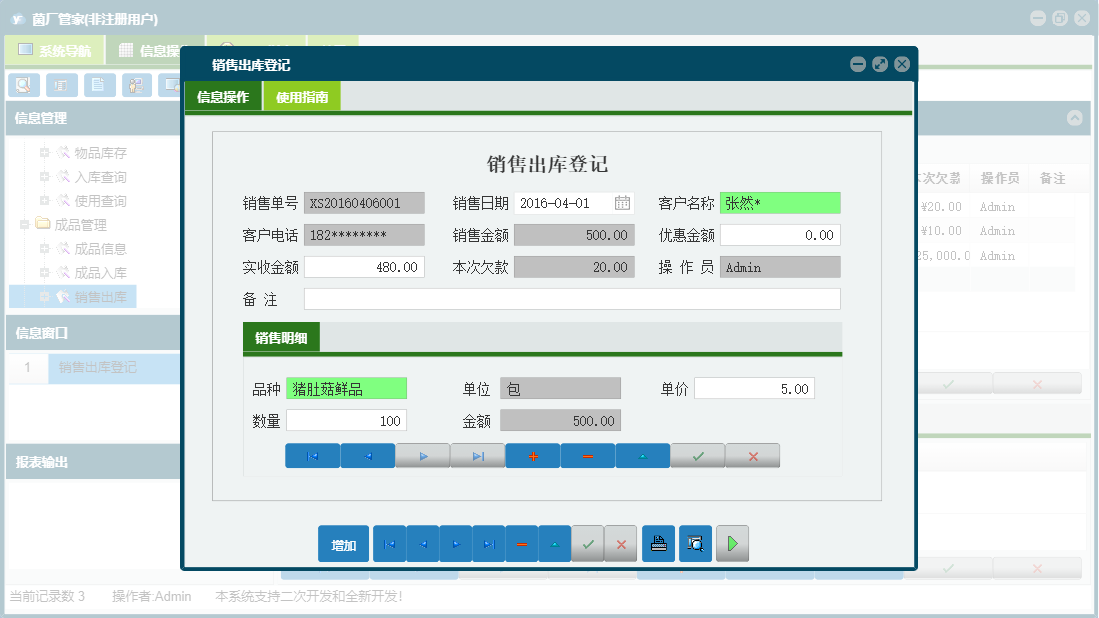 销售出库登记信息窗口