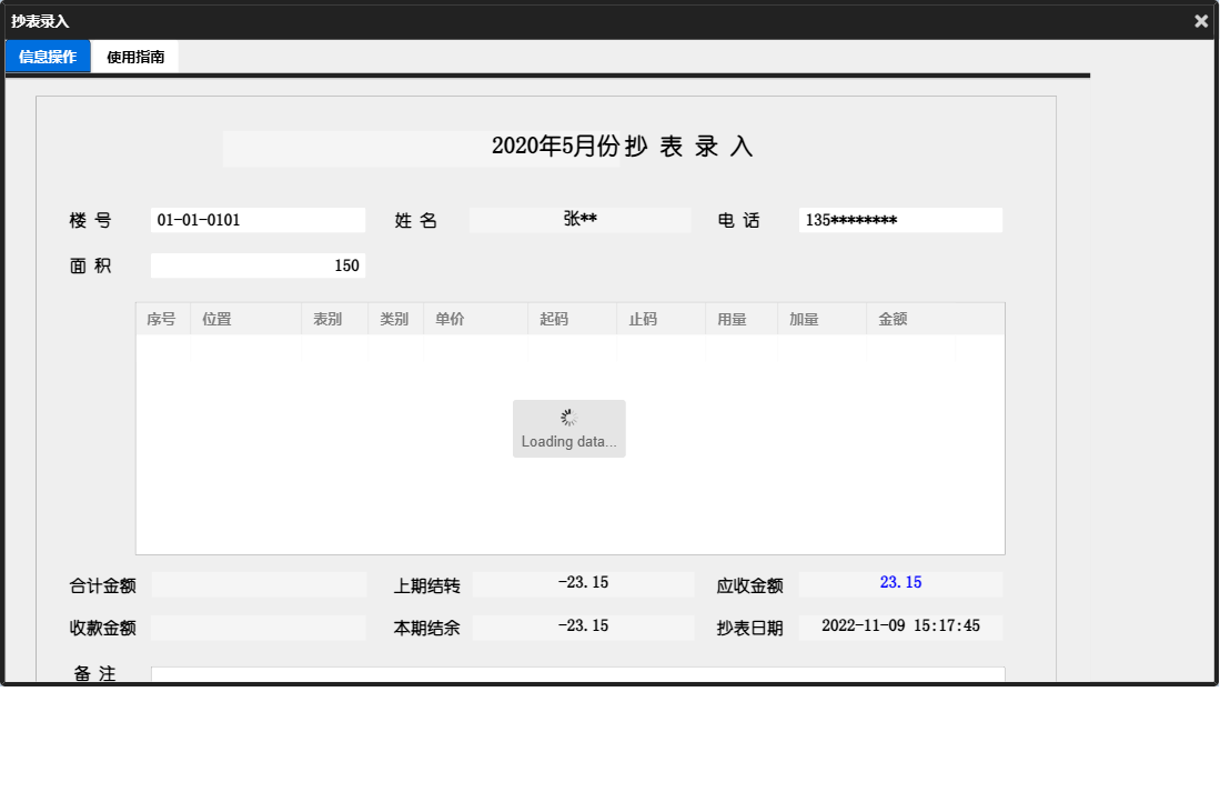 抄表录入信息窗口