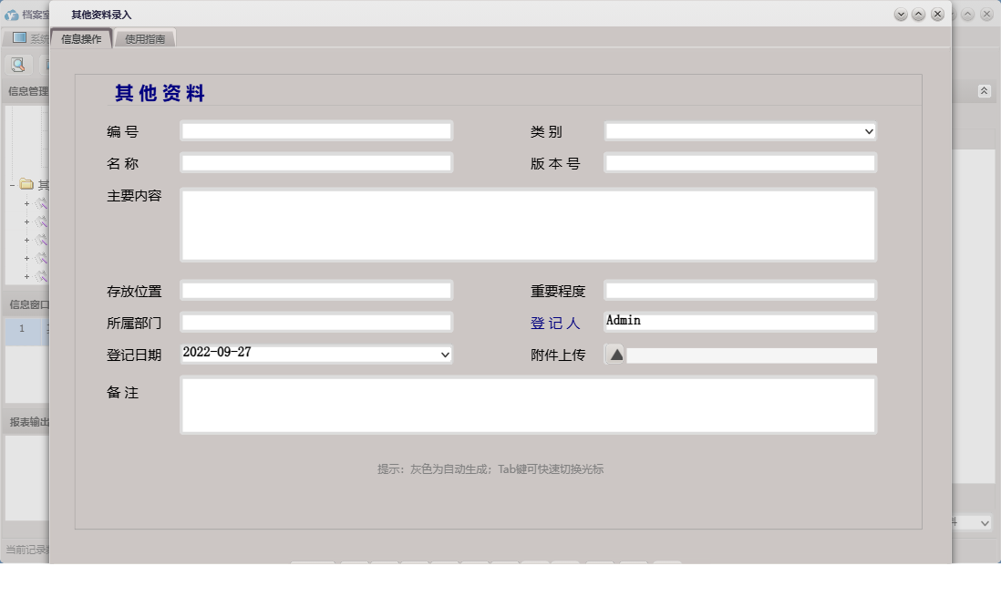其他资料录入信息窗口