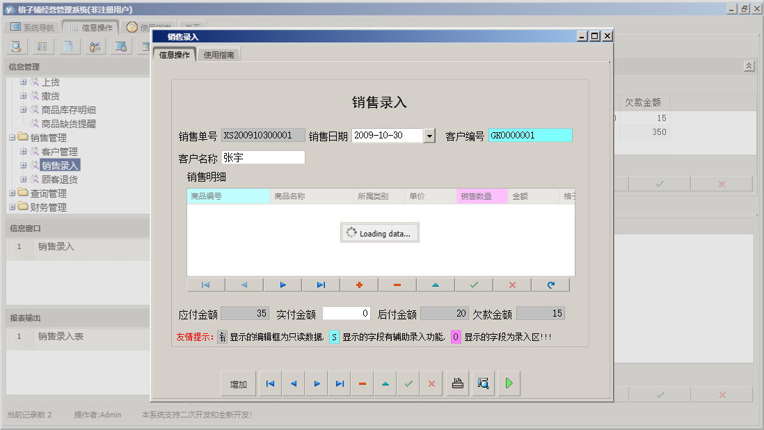 销售录入信息窗口