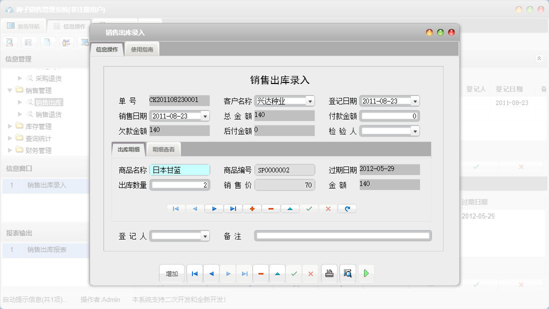 销售出库录入信息窗口